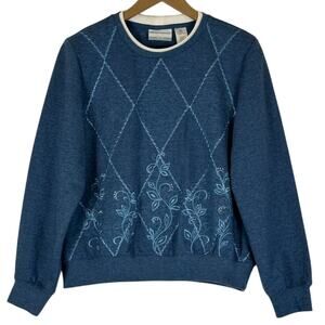 NWT Alfred Dunner Sweatshirt Womens MP Blue Floral Diamond Embroidered Grandma